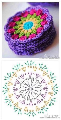 crocheted coasters are shown in different colors and sizes, including one with a flower