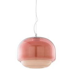 a pink light hanging from a ceiling fixture