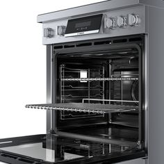 an oven with the door open and two racks in it