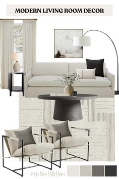 the modern living room decor is shown in white and gray tones, with neutral accents