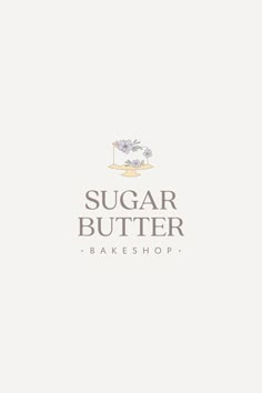 the logo for sugar butter bakeshop is shown on a white background with blue flowers