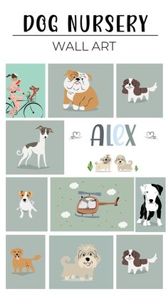 the dog nursery wall art print is shown in various colors and sizes, including brown, white