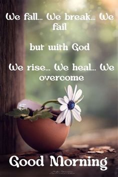 a flower in a pot with the words, we fall we break we fall but with god we rise we heal we overcome