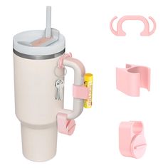 the cup holder is pink and has two cups attached to it, one with a toothbrush