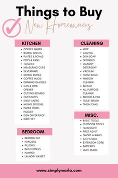 a pink and white checklist with the words things to buy in it