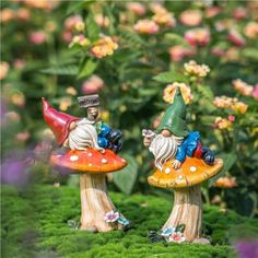 two gnomes sitting on top of mushrooms in the grass