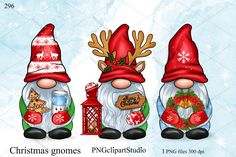 three gnomes with red hats and christmas decorations