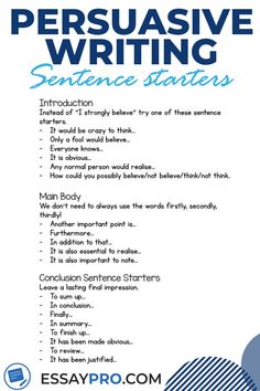 the persuasiive writing sentence states poster is shown in blue and white with black lettering