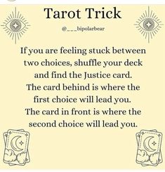 a card with the words tarot trick written in black and white, on top of it