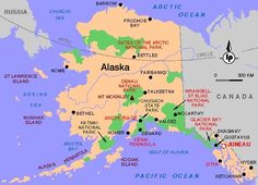 a map of alaska showing the location of major cities and towns in each country's territory