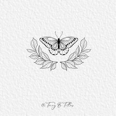 a black and white drawing of a butterfly sitting on top of a leafy branch