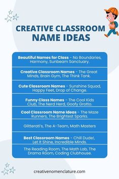 a blue and white poster with the words creative classroom name ideas