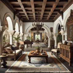 an ornate living room with wooden furniture and chandelier hanging from the ceiling, surrounded by arches