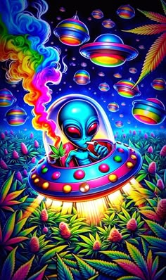 an alien is sitting in the middle of a field with marijuanas and rainbow lights