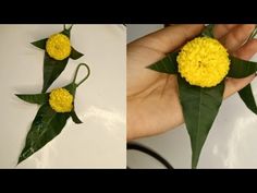 two pictures showing the process of making flowers out of leafy material and then cut into smaller pieces