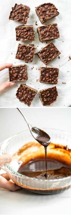 chocolate peanut butter bars are being drizzled with caramel and melted chocolate