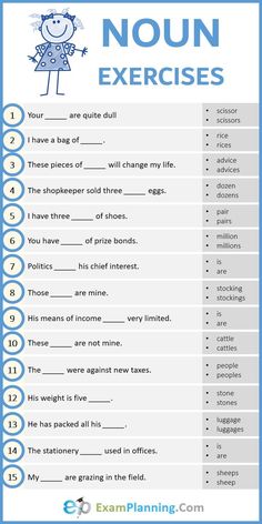 an exercise sheet with the words noun exercises in blue and white, on top of it