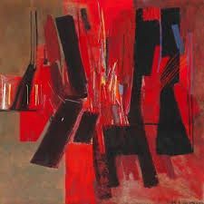 an abstract painting with red and black colors