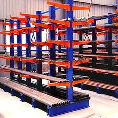 several metal racks with orange and blue frames