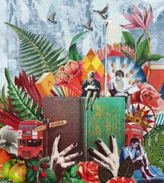 a collage of images with hands reaching out from an open book, surrounded by flowers and other things