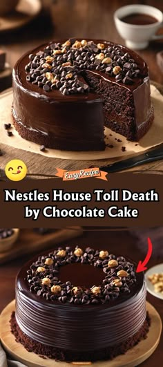 Satisfy your deepest chocolate cravings with Nestle's Toll House Death by Chocolate Cake. This rich, multi-layered cake is a chocolate lover's dream, packed with chunks of chocolate, a velvety chocolate ganache, and a sprinkle of chocolate chips. Each bite is a decadent journey into chocolate bliss. Hersey Chocolate Cake Hershey's, Chocolate Cake Topping Ideas, Chocolate Fudge Cake Decoration, Chocolate Toffee Cake, Home Made Chocolate Cake Recipes, Elegant Chocolate Cake Design, 6 Inch Chocolate Cake Recipe, Chocolate Loaded Cake, Hersheys Chocolate Cake