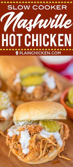 slow cooker nashville hot chicken sandwich with pickles on the side