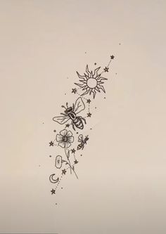 a drawing of flowers and bees on a white sheet with the sun in the background