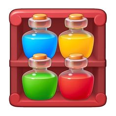 three bottles filled with different colored liquids in a red case on a white background,