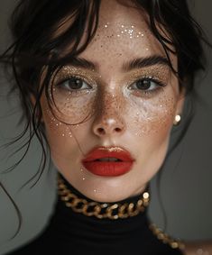 Brunette Hair Makeup Looks, Editorial Gold Makeup, Elegant Christmas Makeup Looks, Gold Accent Makeup, Glitter Lips Makeup Look, Gold Festival Makeup, Cosmic Photoshoot, Star Makeup Aesthetic, Red Eye Makeup Looks