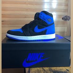 Nike Jordan 1’s Retro High Black/ Royal Blue/ White Material Is Suede Size 4y Brand New Never Been Worn Nikes For Men, Royal Blue Jordans, Blue And Black Jordans, Jordan 1 Royal Blue, Boty Converse, Nike Azul, Shoes Nike Jordan, Blue Nikes, Nike Shoes High Tops