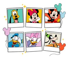 mickey mouse and other cartoon characters are shown in four different frames with the same character