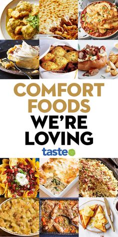 the cover of comfort foods we're loving taste magazine, featuring different types of food