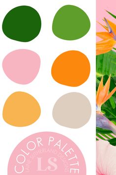 the color palette is different shades of green, orange and pink with tropical flowers in the background