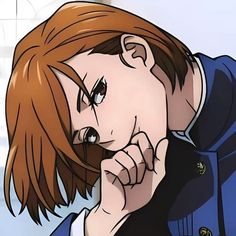 an anime character with red hair and blue jacket looking at something while holding his hand to his face