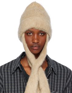 Brushed knit mohair- and alpaca wool-blend beanie in beige. · Rolled brim · Logo embroidered at extended scarf-style trim · Pull-through fastening Supplier color: Beige Mohair Scarf, Sophie Buhai, Scarf Style, Knitted Poncho, Alpaca Wool, Issey Miyake, Jil Sander, Preston, Scarf Styles