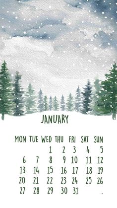 a watercolor calendar with trees in the background and snow falling down on it's surface