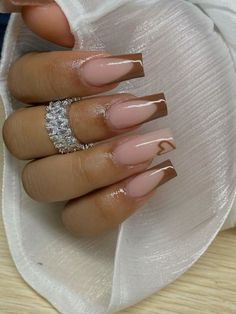 French Nails For Birthday, Nail Inspo Acrylic Brown, Brown Cute Nail Designs, Nail Idea For Fall, Brown Acrylic French Tips, Nail Ideas Brown French Tip, French Fall Nail Designs, Brown French Tip Nail Designs, Nails Ideas Fall 2024