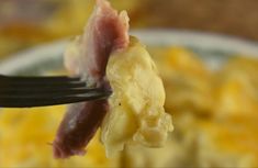 a close up of a fork with food on it in the foreground and an egg casserole in the background