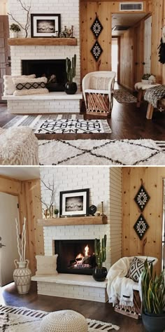 two pictures of a living room with fireplace and couches in the same photo, one is