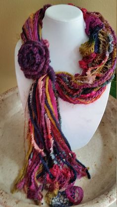 Fringe Scarf-triple Berry multicolor With Mustard, Purple, Navy, Fuchsia With a Crocheted Flower - Etsy Crochet Freestyle, Ruffle Yarn, Funky Scarves, Yarn Scarf, Crochet Snowflake Pattern, Knit Items, Crocheted Flower, Scarf Yarn, Boucle Yarn