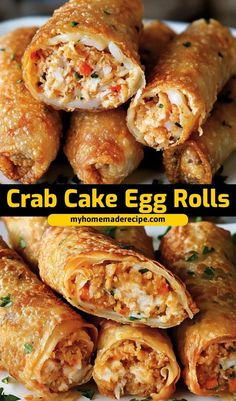 crab cake egg rolls on a plate with text overlay that reads crab cake egg rolls