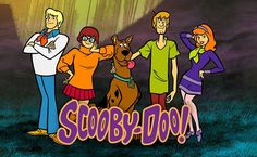 an animated screen shot of the scooby show, featuring three people and a dog