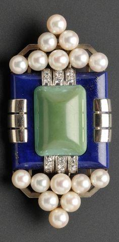 An Art Deco Lapis, Turquoise, and Diamond Brooch, Mauboussin, France. Designed… Art Deco Accessories, Art Deco Brooch, Deco Earrings, Carved Jade, Art Nouveau Jewelry, Diamond Brooch