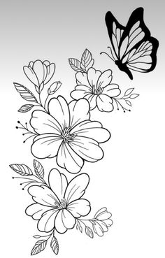 a black and white drawing of flowers with a butterfly