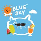 a blue sky background with an image of a cat wearing sunglasses and holding a drink