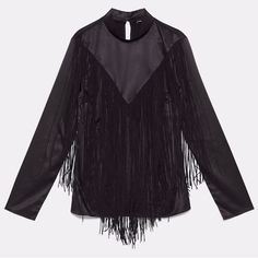 Gorgeous Long Fringe Top Mock Neck Satin Feel Chic Fringe Tops For Fall, Chic Long Sleeve Tops With Fringe, Chic Long Sleeve Fringe Tops, Chic Winter Blouse For Date Night, Chic Blouse For Date Night In Winter, Zara Black Long Sleeve Blouse, Zara Winter Party Blouse, Chic Fringe Tops For Party, Black Fringe Top For Night Out