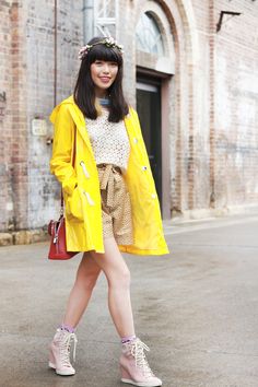 Raincoat Yellow Raincoat Outfit, Necklace Louis Vuitton, Coat Outfits For Women, Lv Alma Bb, Lv Alma, Sneaker Wedges, Pvc Raincoat