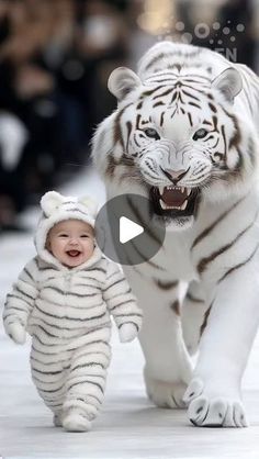 a baby is walking next to a white tiger