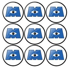 six blue buttons with the word mom and an eye in each button, on white background