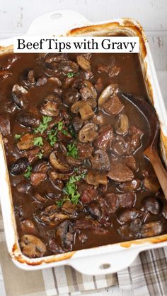 beef tips with gravy in a casserole dish